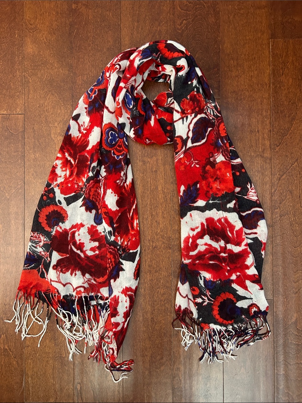 Bohemian Red Floral Women's Scarf with a Loose Natural Weave